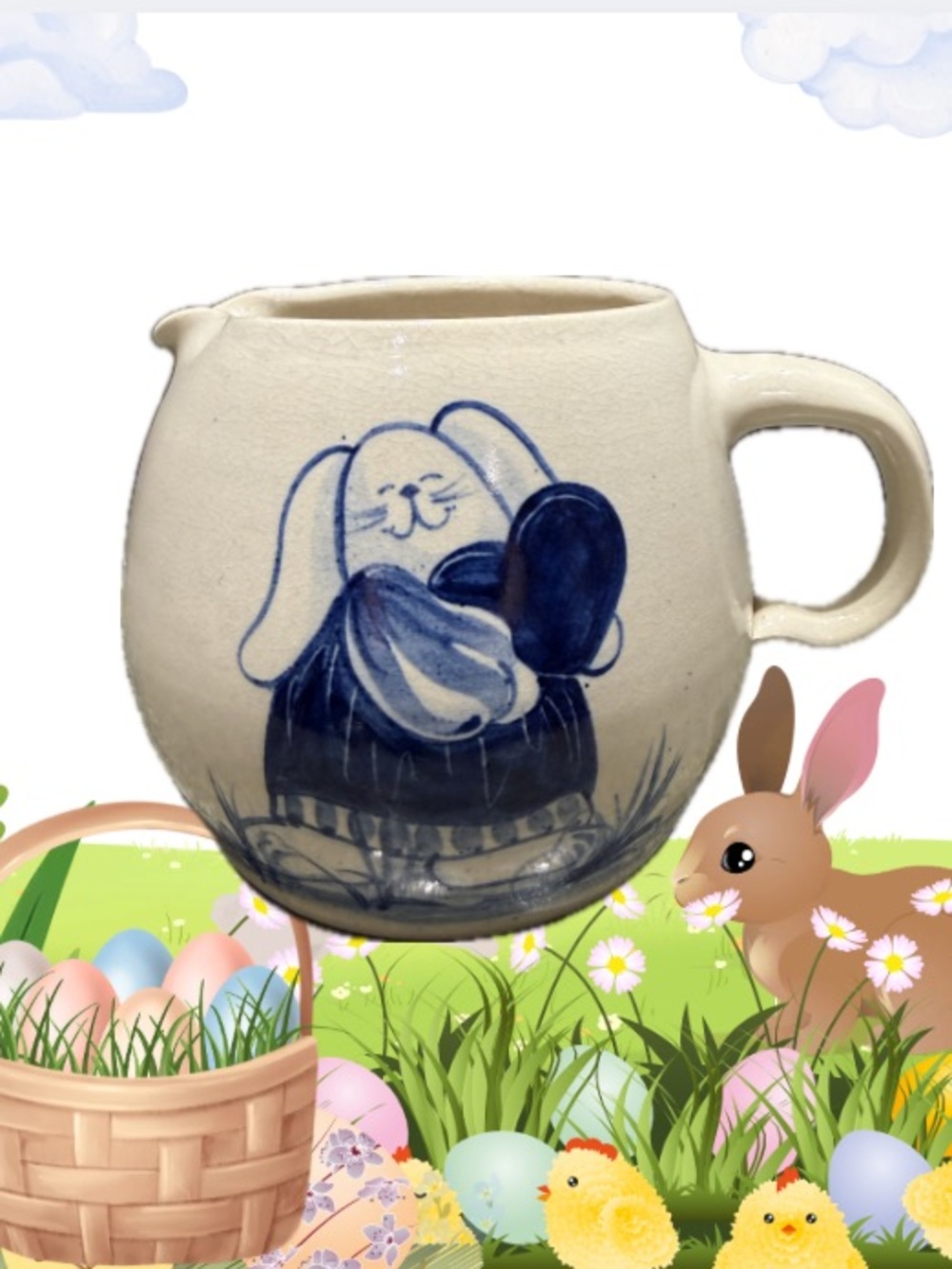 Vintage Marshall Texas Stoneware
Bunny Pitcher Blue Folk Art Rabbit & Heart.
